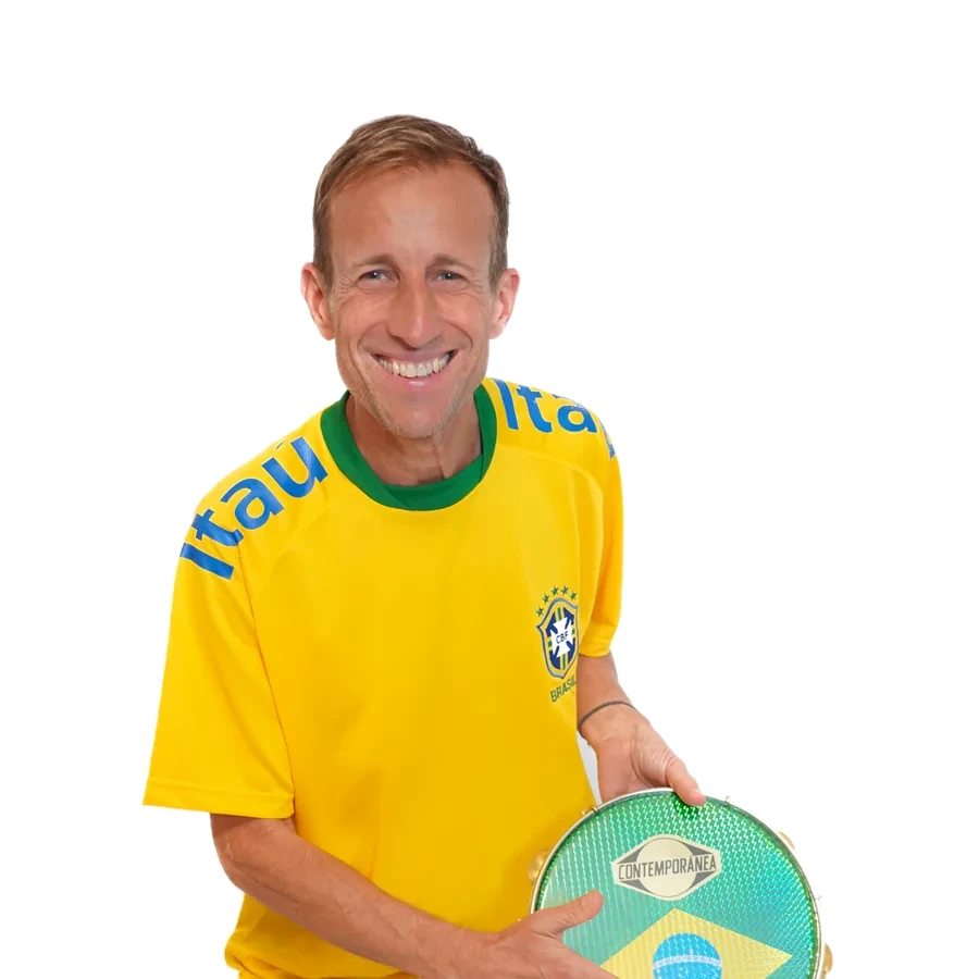 Percussionist with pandeiro in a Brazil jersey