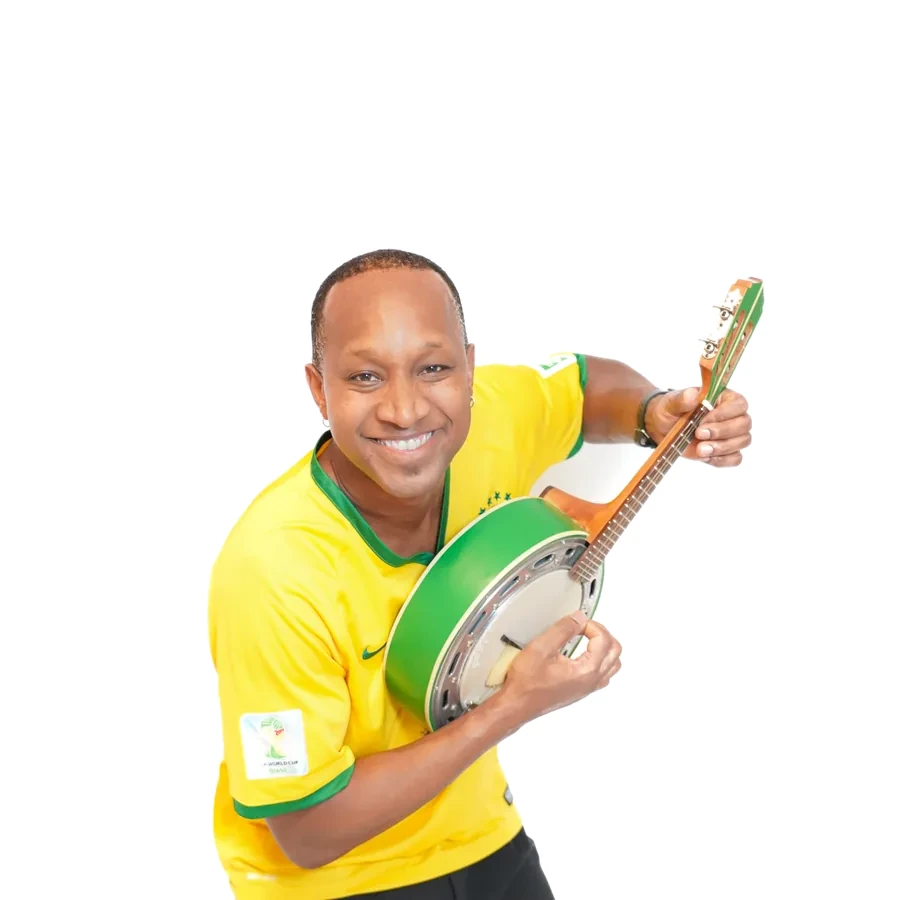 Musician with Brazilian banjo in a yellow jersey