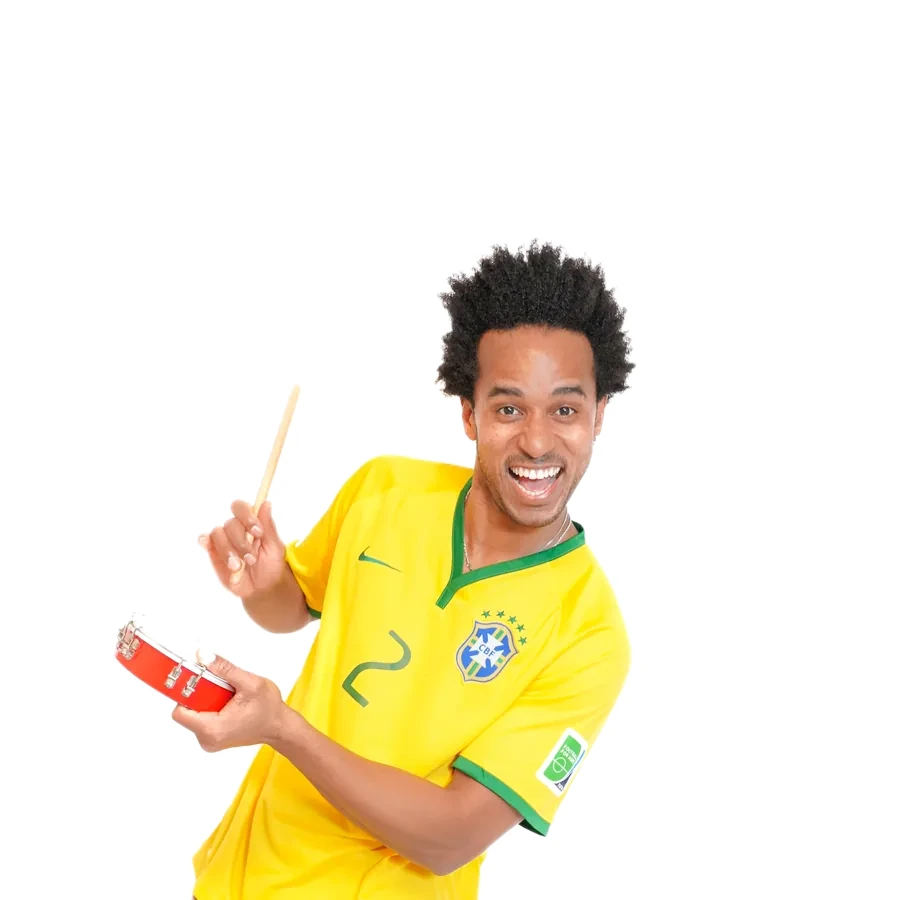 Percussionist with tamborim in a Brazil jersey